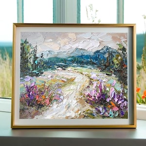 Wildblumenfelder Grand Teton Berglandschaft 20:10 ”Original pastoses 3D-Ölgemälde auf Malplatte UNGERAHMT Spachtelkunst