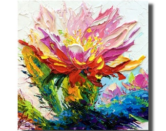 Prickly Pear Cactus Oil Painting: 3D Impasto Floral Art, 10x10 Canvas