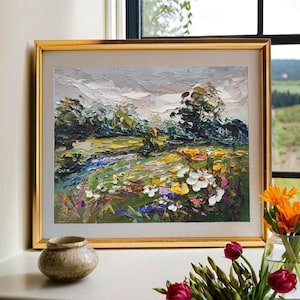 Paysage de montagne de champs de fleurs sauvages Colorado 8:10" Peinture à l'huile 3d originale d'empâtements sur une oeuvre de couteau à palette sans cadre