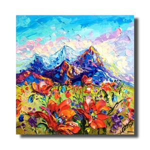 Grand Teton National Park Wyoming Rote Mohnfelder 16: 16 ”Original opasto 3D-Ölgemälde auf Leinwand Spachtelmesser texturiert Kunst