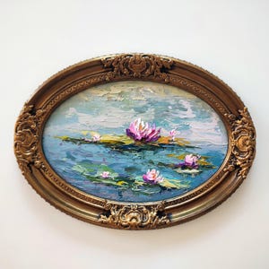 Water lily Flower Oil Painting: 3D Impasto Art in Vintage Gold Frame 8/12&quot;