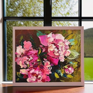 Pivoine rose bohème floral 8:10" peinture à l'huile 3d originale empâtement sur panneau sans cadre texturé art mural couteau à palette