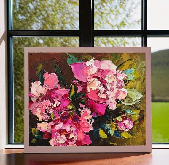 Pink Peony Oil Painting: Impasto Floral Art on Panel, 8x10" Unframed