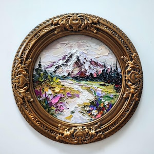 Paysage de champs de fleurs sauvages du mont Rainier 8: 8" empâtement original 3d peinture à l'huile fait main plâtre vintage encadrée oeuvre de couteau à palette