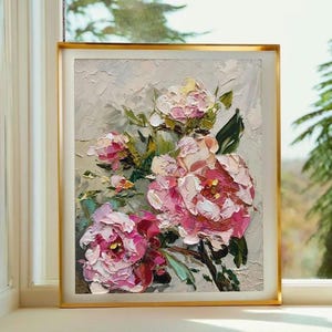 Peonía Vintage Rhapsody Peonías flores 10:8" Pintura al óleo 3D original sobre panel SIN MARCO Arte de pared texturizado Obra de arte con espátula