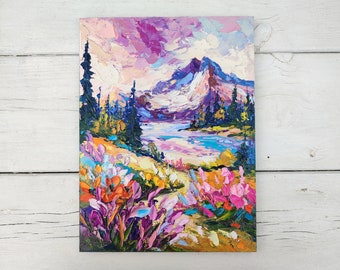 Wildflowers fields Mount Hood mountain landscape 16:12” Original impasto 3d oil painting on canvas textured wall art palette knife artwork