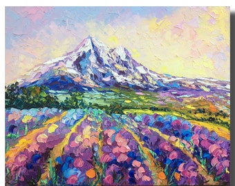 Pintura al óleo con técnica de impasto de un campo de lavanda en el Monte Shasta: Arte con espátula texturizada (16x20)