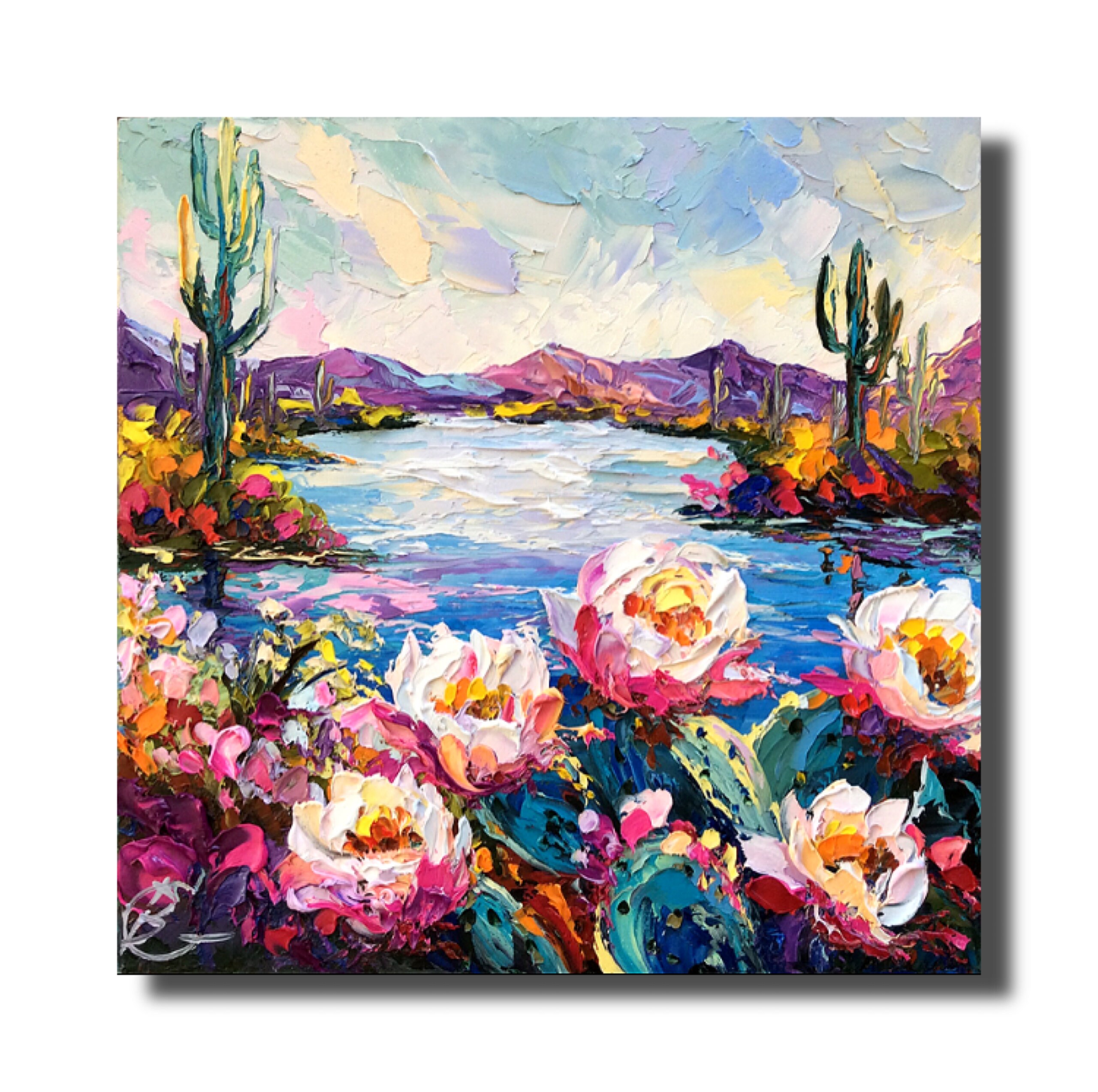 Saguaro Cactus Oil Painting: 3D Impasto Sonoran Desert Art (16x16”)