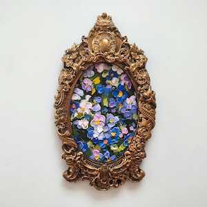 Ne m'oubliez pas Boho floral 7: 4" empâtement original 3d peinture à l'huile fait main plâtre vintage or encadré couteau à palette oeuvre