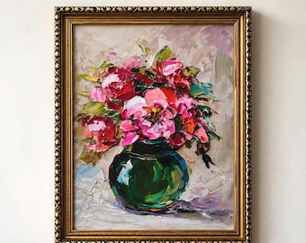 Pintura al óleo de peonía rosa: Arte floral con técnica de empaste sobre tabla, 8x10".