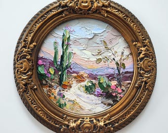 Sonoran Desert Oil Painting: 3D Impasto Cactus Landscape in Vintage Frame 8/8&quot;