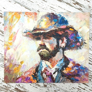 Retrato de vaquero del oeste de Texas 10:12” Pintura al óleo 3D original empastada sobre panel, arte de pared texturizado, obra de arte con espátula