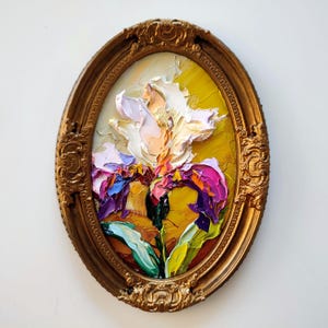 Iris bohème fleurs d'iris 8:6" peinture à l'huile 3d originale sur toile plâtre fait main vintage encadré art mural texturé art couteau