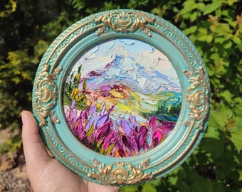 Campi di lavanda di fiori di campo Mount Hood Oregon 8:8" Dipinto ad olio 3d impasto originale dipinto a mano in gesso vintage incorniciato con spatola opera d'arte