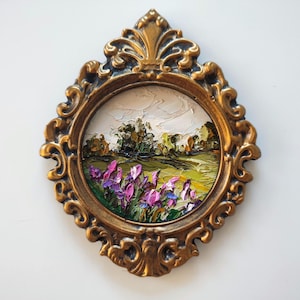 Champs d'iris campagne sereine nature scène paysage 6:5" couteau à palette original peinture à l'huile 3d plâtre vintage fait main cadre doré