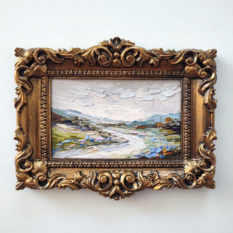 Texas Hill Country Bluebonnet Painting: Impasto Oil Artwork in Vintage Gold Frame6/8"