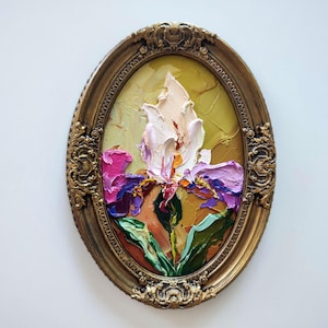 Impasto Iris Oil Painting: Boho Floral, Vintage Framed Wall Art (8x6)