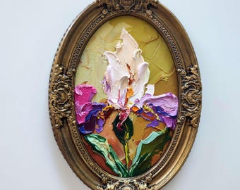 Iris Impasto Ölgemälde: Boho Blumen, Vintage gerahmte Wandkunst (20x15)