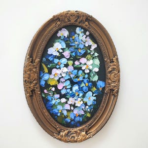 Oubliez-moi pas Boho floral 8: 6" empâtement original 3d peinture à l'huile fait main plâtre vintage or encadré couteau à palette oeuvre