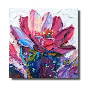Cactus Opuntia Tuna floreciente desierto floral abstracto 6:6” Pintura al óleo 3D original empastada sobre PANEL obra de arte con espátula