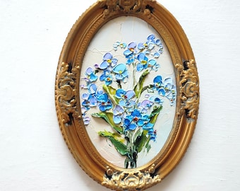 Forget Me Not Floral Oil Impasto Painting, Oval Gold Ceramic Frame 6:8"