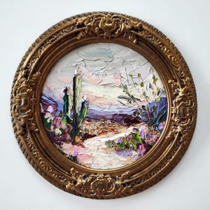 Désert de Sonora, paysage de montagne du sud-ouest du lac Bartlett 20,24 cm (8:8 po.) Peinture à l'huile originale 3D empâtement, oeuvre de couteau à palette encadrée vintage faite à la main