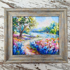 Flores silvestres de Texas Hill Country Old Oak Bluebonnets 10:12” Pintura al óleo 3D original con textura de panel y espátula