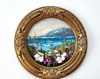 Mountain landscape Wildflower fields: Impasto Original Oil Painting in Vintage Frame 8/8"