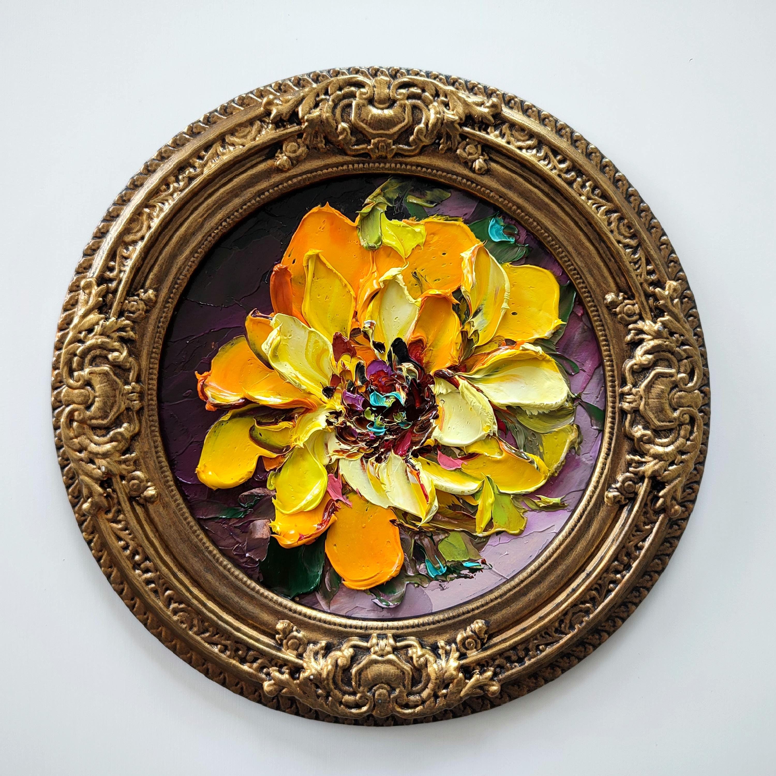 Sonnenblume Ölgemälde: 3D Impasto Art, Gold gerahmte Leinwand (20x20cm)