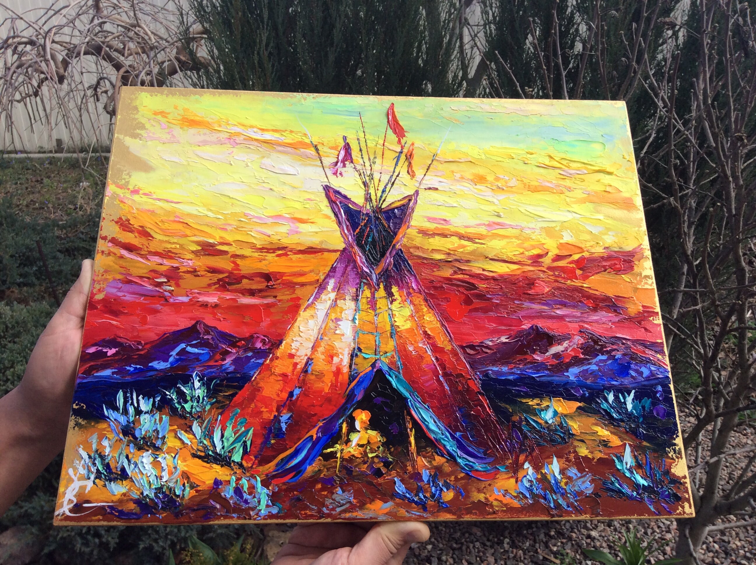 Tipi Oil Painting: Native American Impasto Art, Textured Palette