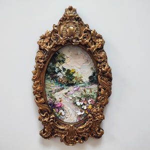 Paysage de montagne de champs de fleurs sauvages 7: 4" peinture à l'huile 3d originale d'empâtements sur toile plâtre vintage fait main encadrée oeuvre de couteau à palette