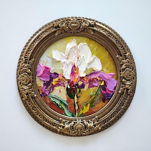 Impasto Iris Oil Painting: 8x8 Framed Floral Textured Wall Art