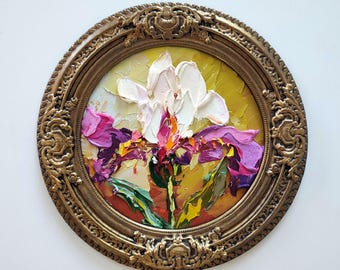 Impasto Iris Ölgemälde: 8x8 gerahmte florale strukturierte Wandkunst