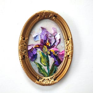 Iris Impasto Oil Painting: Boho Floral, Vintage Ceramic Framed Wall Art 6/8"