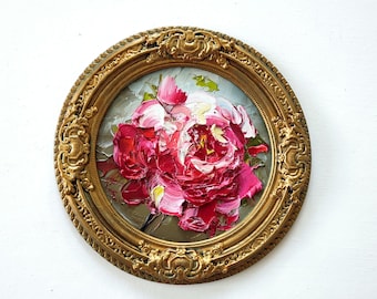 Handmade Peony Oil Painting: Boho Floral Impasto Art in Vintage Gold Frame 8/8"