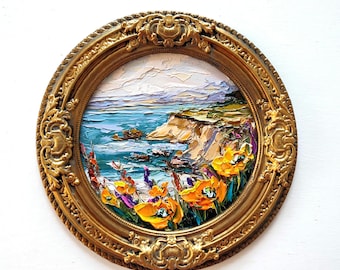 Cuadro Campo de Amapolas: Paisaje de California, óleo con técnica impasto sobre marco antiguo de 8/8".