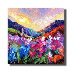 Campos de altramuces, flores silvestres, parque nacional Grand Teton, Wyoming, pintura al óleo 3D original de 12:12” con empasto sobre PANEL, obra de arte con espátula