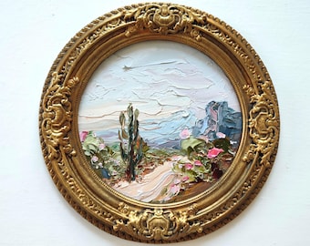 Sonoran Desert Oil Painting: 3D Impasto Cactus Landscape in Vintage ceramic Frame 8/8"