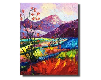 Ocotillo Desert Landscape Oil Painting: Impasto Palette Knife Art (20x16”)