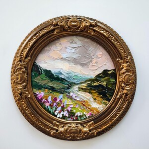 Paysage de montagne de champs de fleurs sauvages 8:8" Peinture à l'huile 3d originale d'empâtements sur toile plâtre vintage fait main encadrée oeuvre de couteau à palette