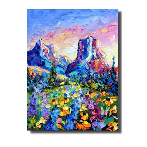 Grand Teton Wyoming Lupine Daisy Wildblumen Felder 16:12 Original 3D Ölgemälde auf Leinwand Spachtelmesser texturiert Kunst