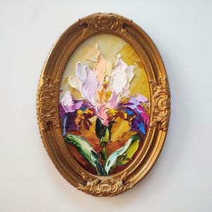 Iris bohème fleurs d'iris 8:6" peinture à l'huile 3d originale sur toile plâtre fait main vintage encadré art mural texturé art couteau
