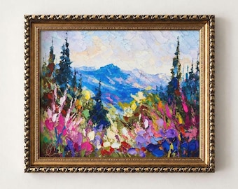 Blue Ridge Mountains-olieverfschilderij: Impasto-landschapskunst met wilde bloemen (10 x 12)