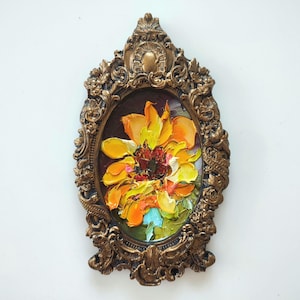 Tournesol bohème floral 7: 4" peinture à l'huile 3d empâtement originale sur panneau cadre doré en plâtre fait main oeuvre de couteau à palette