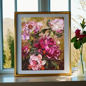 Rhapsodie vintage pivoine, pivoine florale 10:8" peinture à l'huile 3d originale sur oeuvre de couteau à palette d'art mural texturé sans cadre