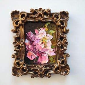 Vintage floral bohème pivoine 7: 6" empâtement original 3D peinture à l'huile fait main plâtre vintage or encadré texturé art mural couteau à palette