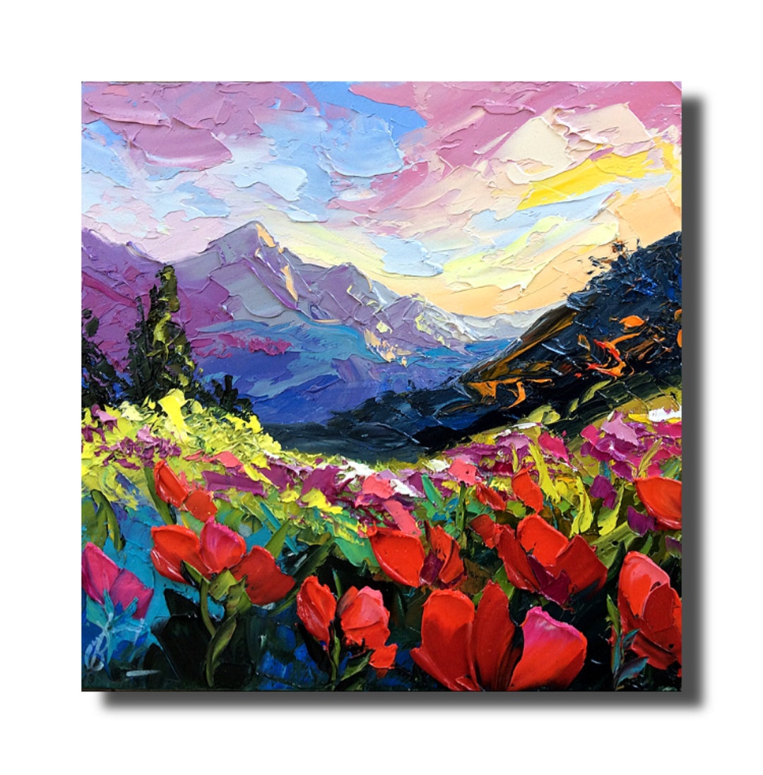 Red Poppy Field Painting: Colorado Mountain Wildflowers, Impasto Oil on ...