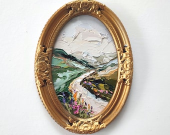 Impasto Oil Painting: Grand Teton Wildflower Landscape, Handmade Ceramic Frame 8/6 inches