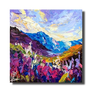 Lupinevelden Colorado Rocky Mountains landschap 8:8" origineel impasto 3D-olieverfschilderij op paneel getextureerde kunst aan de muur Paletmes artwork