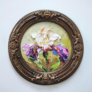 Iris bohème fleurs d'iris 8:8" peinture à l'huile 3d originale sur toile plâtre fait main vintage encadré art mural texturé art couteau